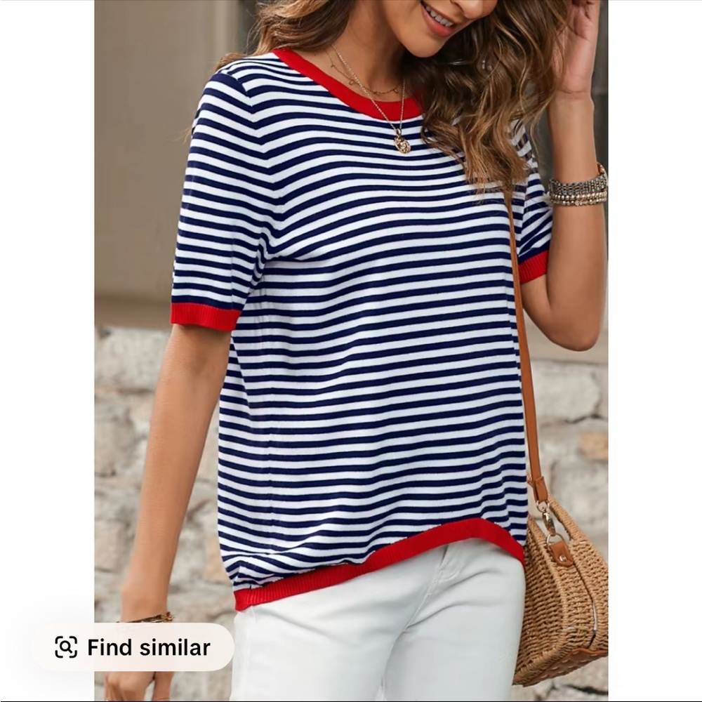 Nautical Striped Short Sleeve Top with Red Trim - Picture 5 of 9